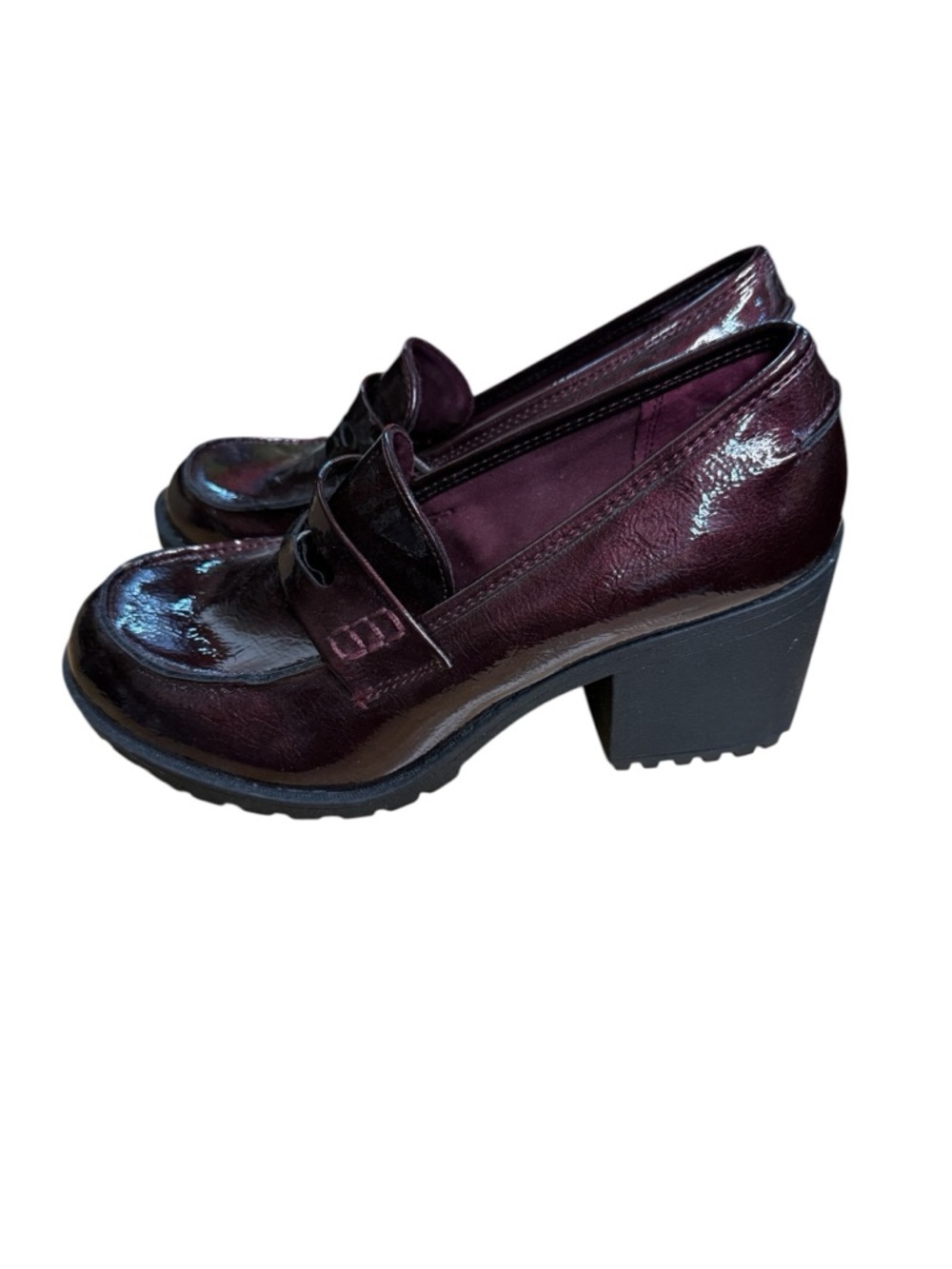 True Craft Faux Patent Leather Platform Block Heel Loafers in Burgundy Size 7.5